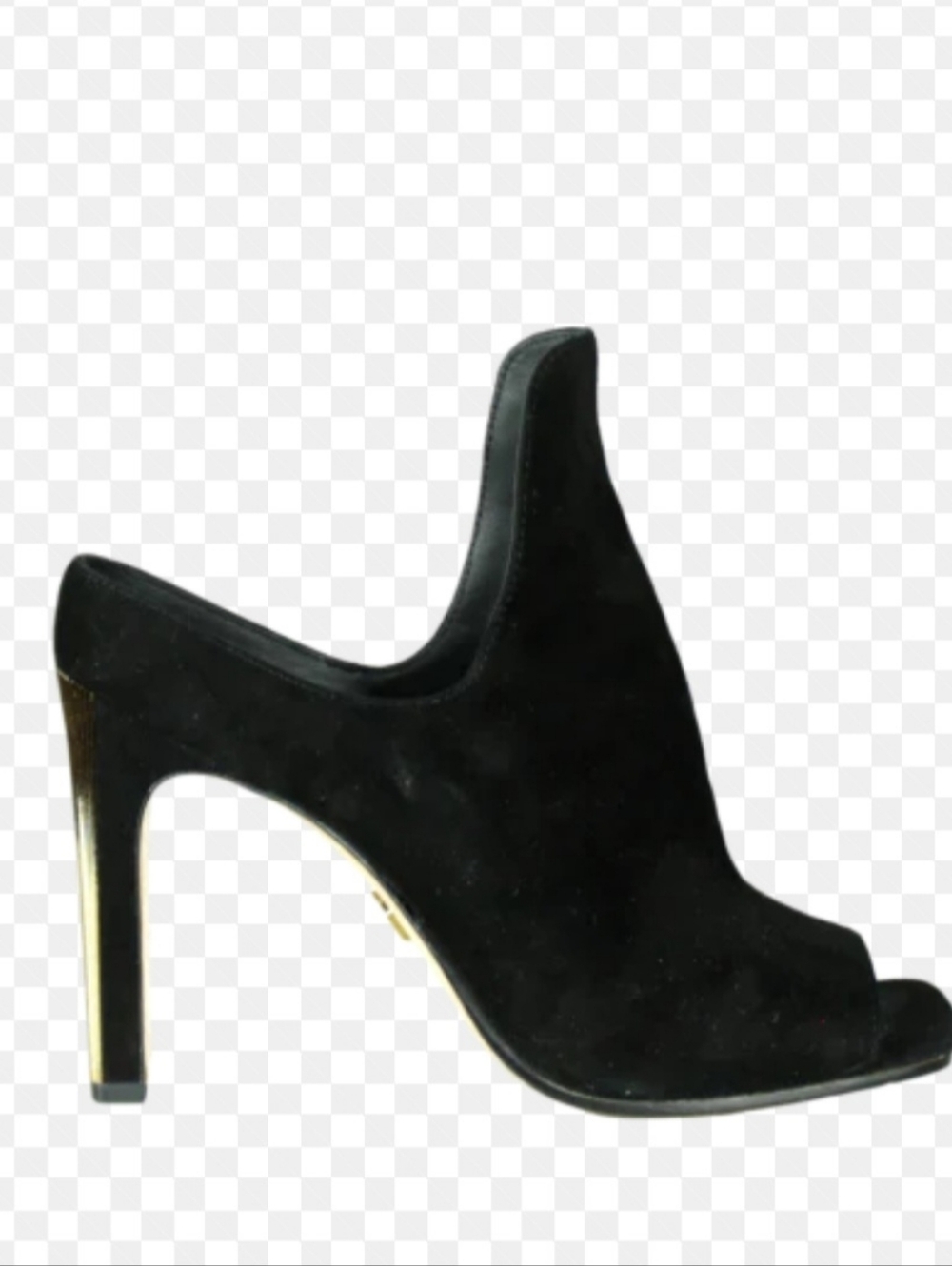 Donna Karan Black Suede Peep-Toe Mules with Wood-Tone Block Heel